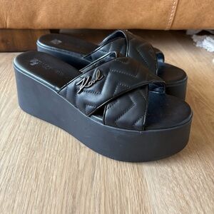 Karl Lagerfeld Paris Womens Ramona Black Leather Platform Sandals Shoes 9.5